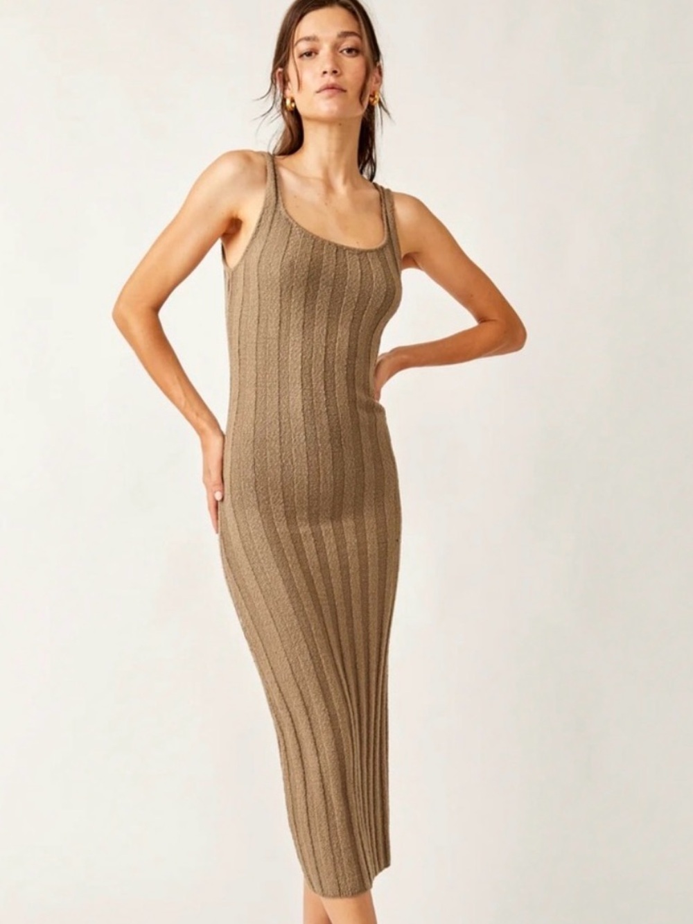 NWT Free People Sleeveless Ribbed Midi Santos Dress - Taupe size large